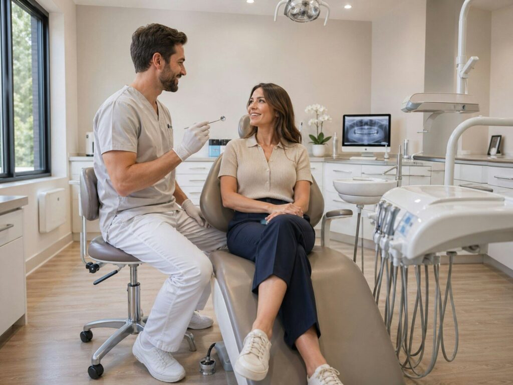 Dentist talking to patient in a modern dental office.